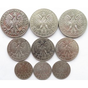 Polska, II RP, Głowa Kobiety, zestaw 9 monet, Warszawa, wszystkie roczniki