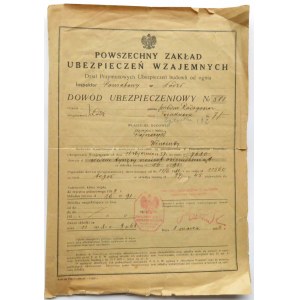 Polska, II RP, Dowód ubezpieczeniowy nr 581 z 8 marca 1938 roku