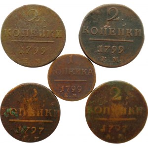 Rosja, Paweł I, lot 5 monet miedzianych, Jekaterinburg/Amieńsk