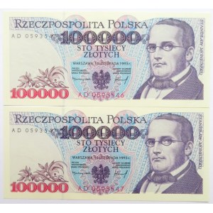 Polska, III RP, 2 X 100 000 złotych 1993, seria AD, UNC, kolejne numery