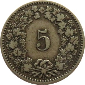 Szwajcaria, 5 rappen 1876 B, Berno, rzadkie