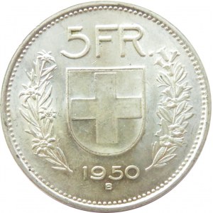 Szwajcaria, 5 franków 1950 B, Berno, niski nakład, UNC