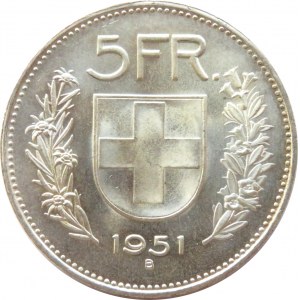 Szwajcaria, 5 franków 1951 B, Berno, niski nakład, UNC
