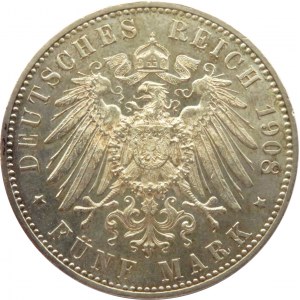 Niemcy, Wirtembergia, Wilhelm II, 5 marek 1908 F, Stuttgart, PIĘKNE