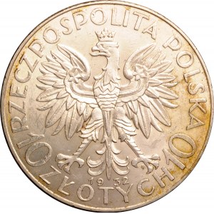 Polska, II RP, głowa kobiety, 10 złotych 1932, ze znakiem mennicy, Warszawa, UNC