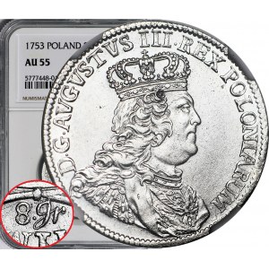 August III Sas, Dwuzłotówka 1753 Lipsk, 8gr zamiast 8GR pisane, bardzo rzadkie i piękne