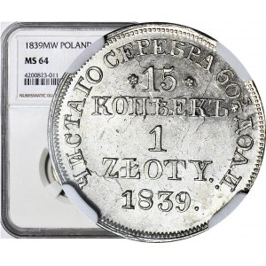 Królestwo Polskie, 1 złoty = 15 kopiejek 1839 MW, Warszawa, WYŚMIENITE