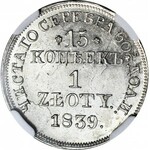 Królestwo Polskie, 1 złoty = 15 kopiejek 1839 MW, Warszawa, WYŚMIENITE