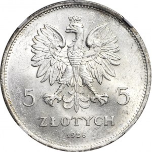 5 złotych 1928 Nike, ze znakiem, WYŚMIENITE