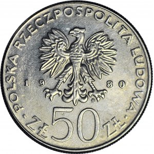 RR-, 50 złotych 1980, K. Odnowiciel, DESTRUKT, zsunięty pierścień modelujący obrzeże
