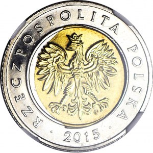 R-, 5 złotych 2015, DESTRUKT - rozlany rdzeń na rewersie