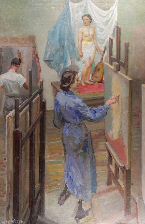 Tadeusz SZEWCZYK-BARWECKI (1912-1999), W pracowni malarskiej Akademii Sztuk Pięknych