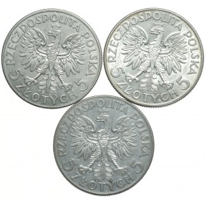 Zestaw 5 złotych kobieta 1932, 1933, 1934 - 3 szt.