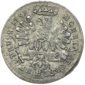 Królestwo Prus, Fryderyk II, ort 1751 E/W Królewiec, odwrócone N w MONETA, bardzo rzadki