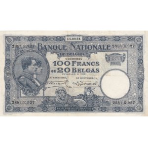 Belgium, 100 Francs-20 Belgas, 1931, XF, p102