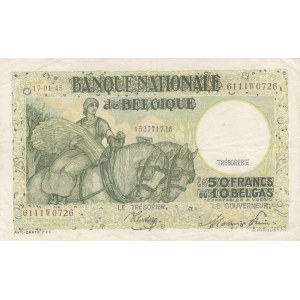 Belgium, 50 Francs or 10 Belgas, 1945, VF, p106