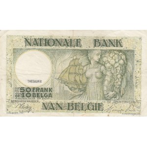 Belgium, 50 Francs or 10 Belgas, 1945, VF, p106