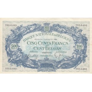 Belgium, 500 Francs or 100 Belgas, 1939, XF, p109