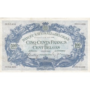 Belgium, 500 Francs=100 Belgas, 1938, VF, p109