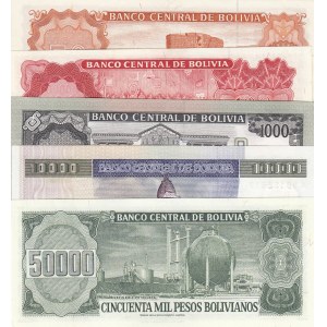 Bolivia, 50 Bolivianos, 100 Bolivianos, 1.000 Bolivianos, 10.000 Bolivianos and 50.000 Bolivianos, 1982/1984, UNC,  (Total 5 banknotes)