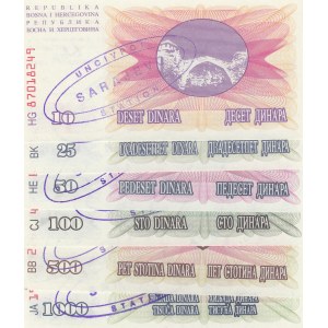 Bosnia Herzegovina, 10 Dinara, 25 Dinara, 50 Dinara, 100 Dinara and 1.000 Dinara, 1992, UNC,  (Total 6 banknotes)