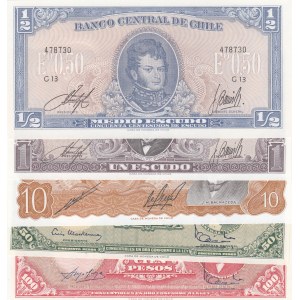Chile, 1/2 Escudo, 1 Escudo, 10 Escudos, 50 Escudos and 100 Escudos,  UNC,  (Total 5 banknotes)