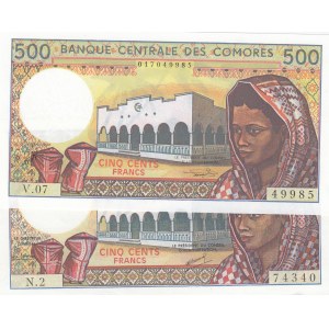 Comoros, 500 Francs, 1994, UNC, p10b, (Total 2 banknotes)