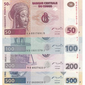 Congo Democratic Republic, 50 Francs, 100 Francs, 200 Francs and 500 Francs, 2000/2007, UNC, p91, p98, p99, P96a, (Total 4 banknotes)