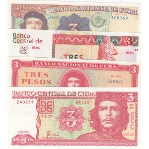 Cuba, 3 Pesos, 1989, 1995, 2004, 2017, UNC, p107b, p113, p127a, pFX47