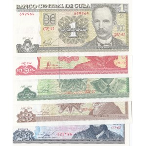 Cuba , 1 Peso, 3 Pesos, 5 Pesos, 10 Pesos and 20 Pesos, 2004/2014, UNC,  (Total 5 banknotes)