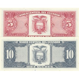 Ecuador, 5 Sucres and 10 Sucres, 1988, UNC, p12A, p121, (Total 2 banknotes)