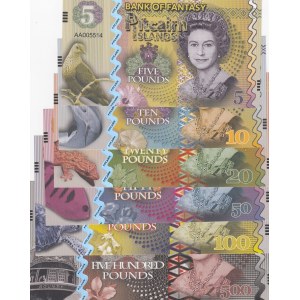Fantasy Banknotes, 5, 10, 20, 50, 100, 500 Pounds,  UNC,  Total 6 banknotes