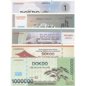 South Korea, 1 Dollar, 100 Dollars, 1.000 Dollars, 10.000 Dollars, 1.000.000 Dollars, 2010/2013, UNC,  SPECIMEN, Total 5 banknotes