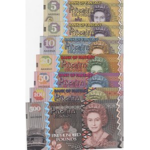Fantasy Banknotes, 5 Pounds(2), 10 Pounds, 20 Pounds, 50 Pounds, 100 Pounds, 500 Pounds,  UNC,  Total 7 banknotes