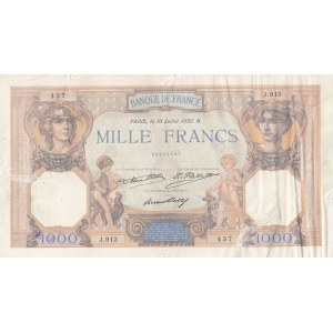 Fransa, 1000 Francs, 1930, FINE, p79b, Holes filled