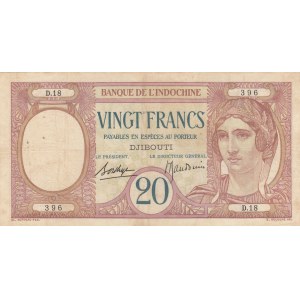 French Somaliland, düzeltme var, 20 Francs  , 11928/1938, VF, p7
