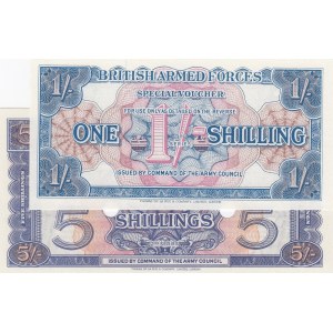 Great Britain, 1 Shilling and 5 Shillings,  UNC,  CANCELLED, (Total 2 banknotes)