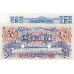 Great Britain, 1 Shilling and 5 Shillings,  UNC,  CANCELLED, (Total 2 banknotes)