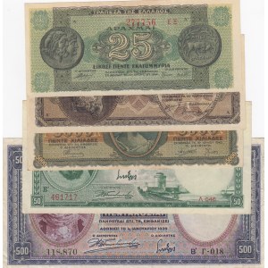 Greece, 25 Drachmai, 50 Drachmai, 500 Drachmai, 5.000 Drachmai and 500.000 Drachmai , 1939/1944, XF/AUNC,  (Total 5 banknotes)