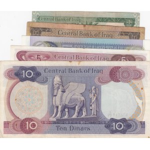 Iraq, 1/4 Dinar, 1/2 Dinar, 1 Dinar, 5 Dinars and 10 Dinars, 1973, VF/XF, p61, p62, p63, p64, p65, (Total 5 banknotes)