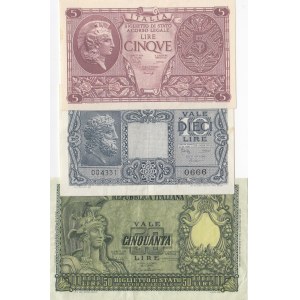 Italy, 5 Lire, 10 Lire and 50 Lire, 1944/1951, XF / UNC, p31, p32, p91, (Total 3 banknotes)