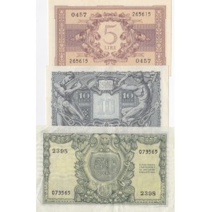 Italy, 5 Lire, 10 Lire and 50 Lire, 1944/1951, XF / UNC, p31, p32, p91, (Total 3 banknotes)