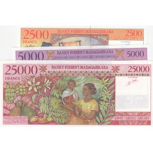 Madagascar , 2.500 Francs, 5.000 Francs and 10.000 Francs, 1995/1998, UNC, p81, p78, p82, (Total 3 banknotes)