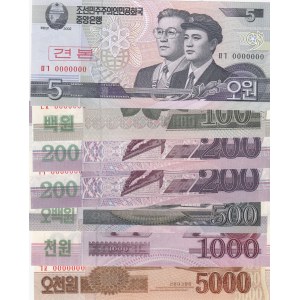 North Korea, 5 Won, 100 Won, 200 Won (2), 500 Won, 1.000 Won and 5.000 Won, 2002/2013, UNC,  SPECIMEN, (Total 7 banknotes)