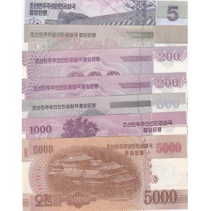 North Korea, 5 Won, 100 Won, 200 Won (2), 500 Won, 1.000 Won and 5.000 Won, 2002/2013, UNC,  SPECIMEN, (Total 7 banknotes)