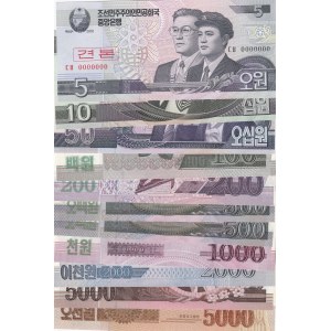 North Korea, 5 Won, 10 Won, 50 won, 100 Won, 200 Won, 500 Won (2), 1.000 Won, 2.000 Won and 5.000 Won (2),  UNC,  (Total 11 banknotes), SPECIMEN