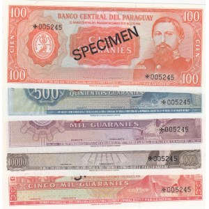 Paraguay, 100 Guaranies, 500 Guaranies, 1.000 Guaranies, 5.000 Guaranies and 10.000 Guaranies, 1952, UNC, p205, p206, p207, p208, p209, (Total 5 banknotes), SPECİMEN