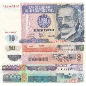 Peru, 10 İntis, 50 İntis, 100 İntis, 5.000 İntis and 10.000 İntis, 1987/1988, UNC,  (Total 5 banknotes)