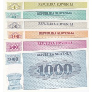 Slovenia, 1 Tolar, 10 Tolarjev, 50 Tolarjev, 100 Tolarjev, 500 Tolarjev and 1.000 Tolarjev, 1990, UNC, p1, p4, p5, p6, p8, p9, SPECIMEN, (Total 6 banknotes)