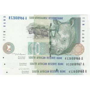 South Africa, 10 Rand, 1999, UNC, p123b, Consecutive serial numbers, total 3 banknotes